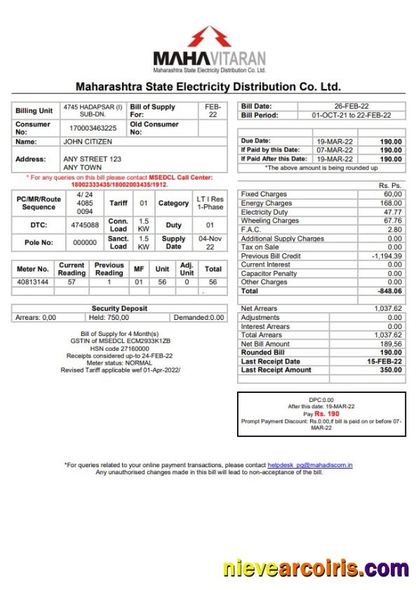 India Mahavitaran Co Ltd utility bill
